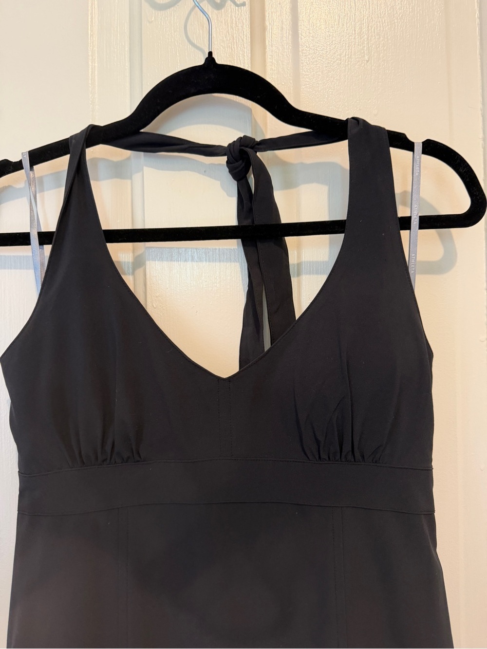 Athleta Black V-Neck Tie-Back Skater Dress - Picture 3 of 5